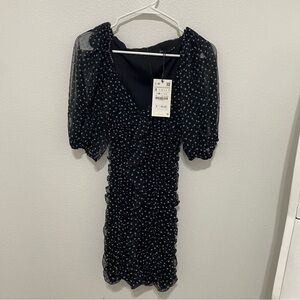 Zara Black and White Ruched Polka Dot Mini Dress, NWT, Size Small